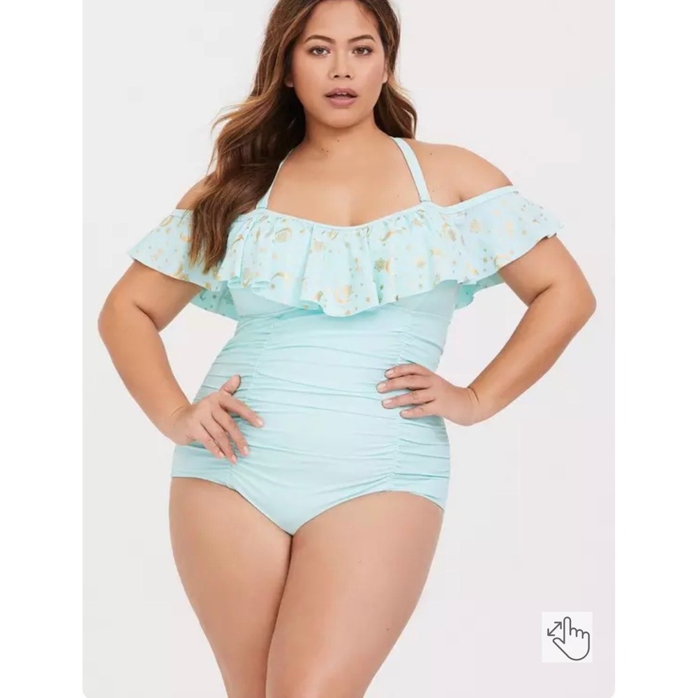 Disney Torrid One Piece Jasmine Swimsuit Size 3 Aqua Blue Gold Celestial Ruched
